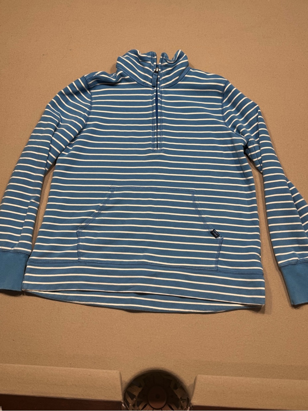L.L.Bean Women's Ultrasoft Sweats Blue and White Quarter-Zip Pullover